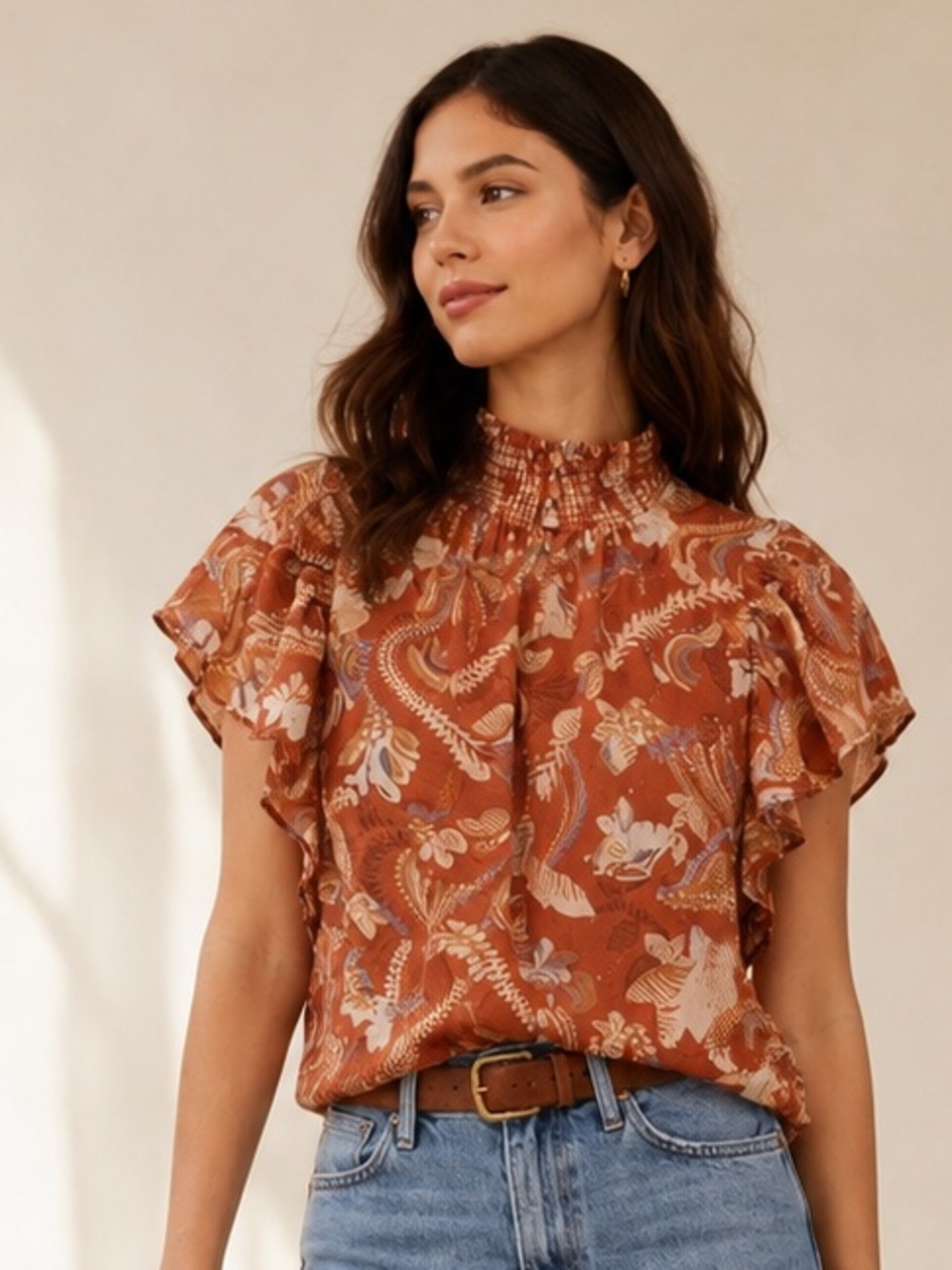 Joie Metallic Floral Flutter Sleeve High Neck Blouse Rust Sz XS